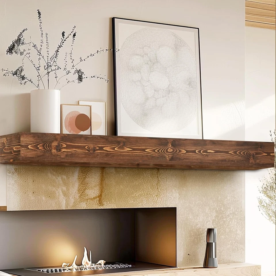 YLYHSST 72" FIREPLACE MANTEL 5'' THICK HANDMADE HOLLOW SOLID WOOD WALL FLOATING - Image 4 of 4