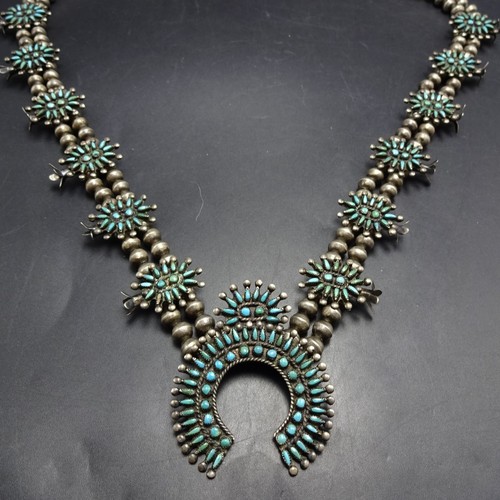 ALTE ZUNI Sterling Silber TÜRKIS NADELSPITZE Kürbisblüte HALSKETTE Vintage - Bild 7 von 17