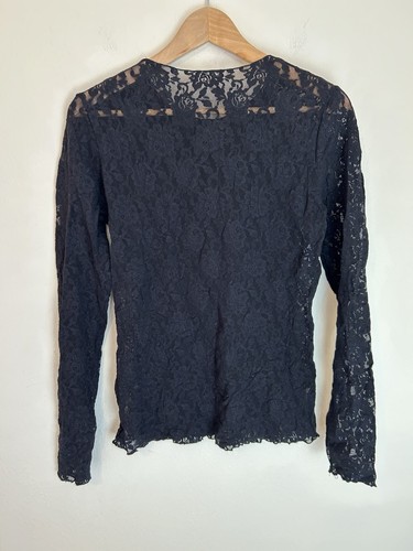Camicia Hanky Panky manica lunga pizzo nero top rosa pizzo L Y2K Fairy Goth stravagante - Foto 4 di 4