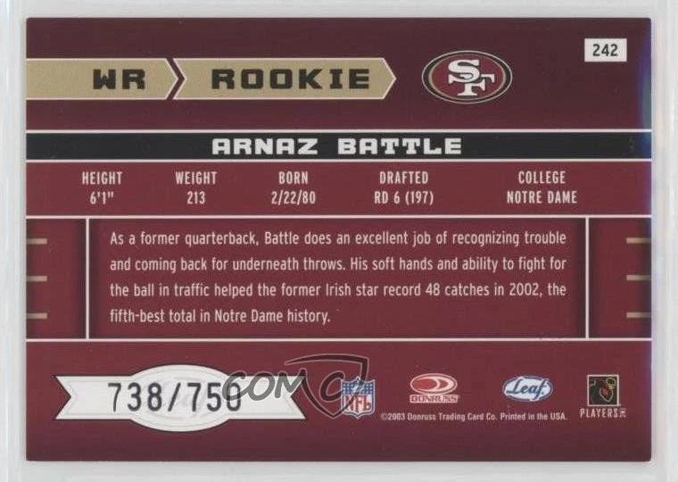 2003 Leaf Rookies & Stars Rookie /750 Arnaz Battle #242 RC - Image 2 of 2