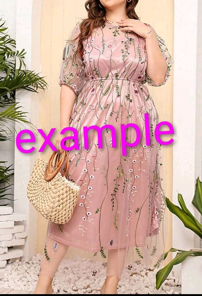 Women's Midi Dress- Elegant Floral Embroidered Mesh Tulle Over Pink, Sz 4XL - Image 4 of 4