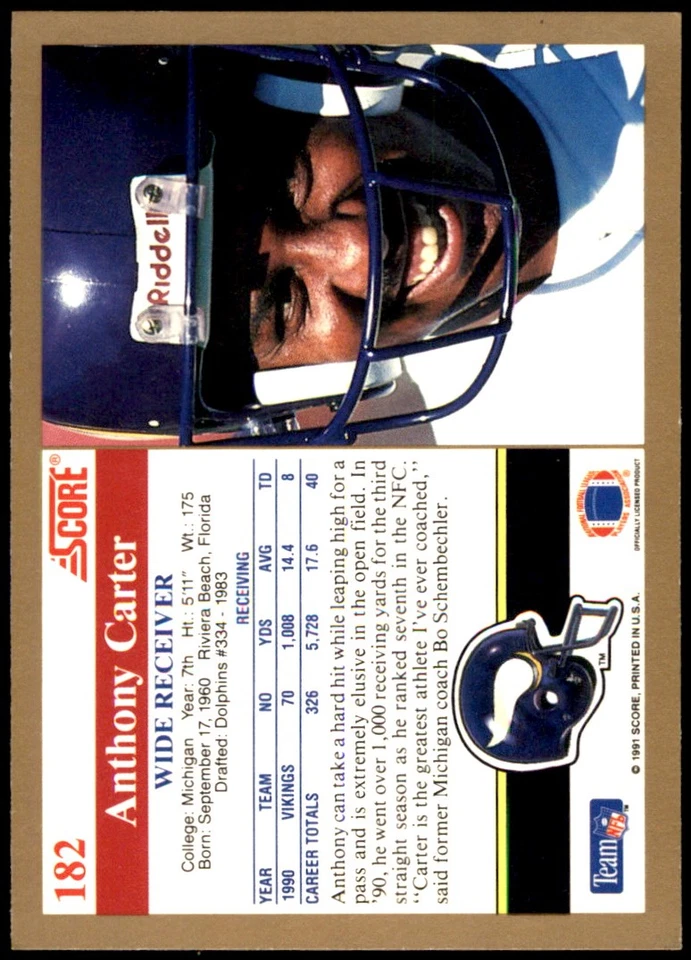 Anthony Carter 1991 Score #182 Vikings NFL READ FREE SHIPPING AutographDen - Image 2 of 2