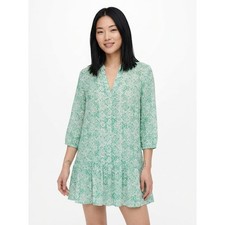 Zara Green Floral Ruffle Hem Tunic Dress 3/4 Sleeve V-Neck Women Size L