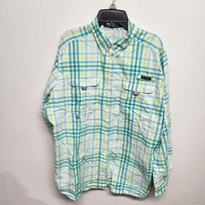 Columbia PFG Super Bahama Shirt Mens Green Blue Plaid Long Sleeve Fishing