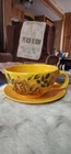 Vintage McCoy Pottery Jumbo Cup & Saucer Planter #137 Yellow w/ Rose Decal USA