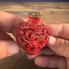 Chinese Cinnabar-Style Red Resin Snuff Bottle w/ Metal Base Dragon Floral 2.25"