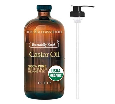 Essentially KateS Castor Oil 16 Fl Oz (Glass Bottle) - 100% Cold Pressed - USDA