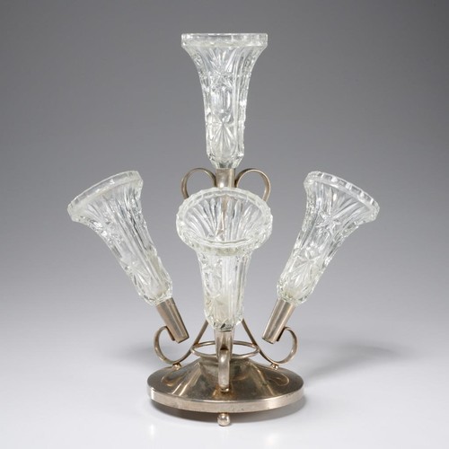Silberfarbene Metall Glas Trompete Vase Epergne Floral Herzstück 12"h