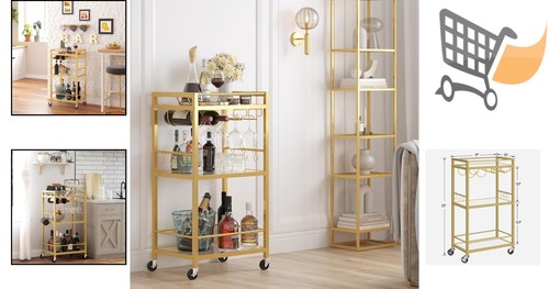 Bar Cart Metal Gold 3-Tier Mirrored Shelf Wine Rack Mobile Serving - Picture 2 of 11