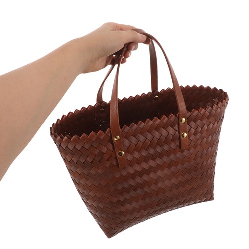 Handgewebte Strandtasche: Braun Kunststoff Rattan Gewebte Tragetasche mit PU - Bild 6 von 12