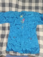 VTG Golden Bee Blue Satin Embroidered Kimono Robe Bird  Flowers Size Large