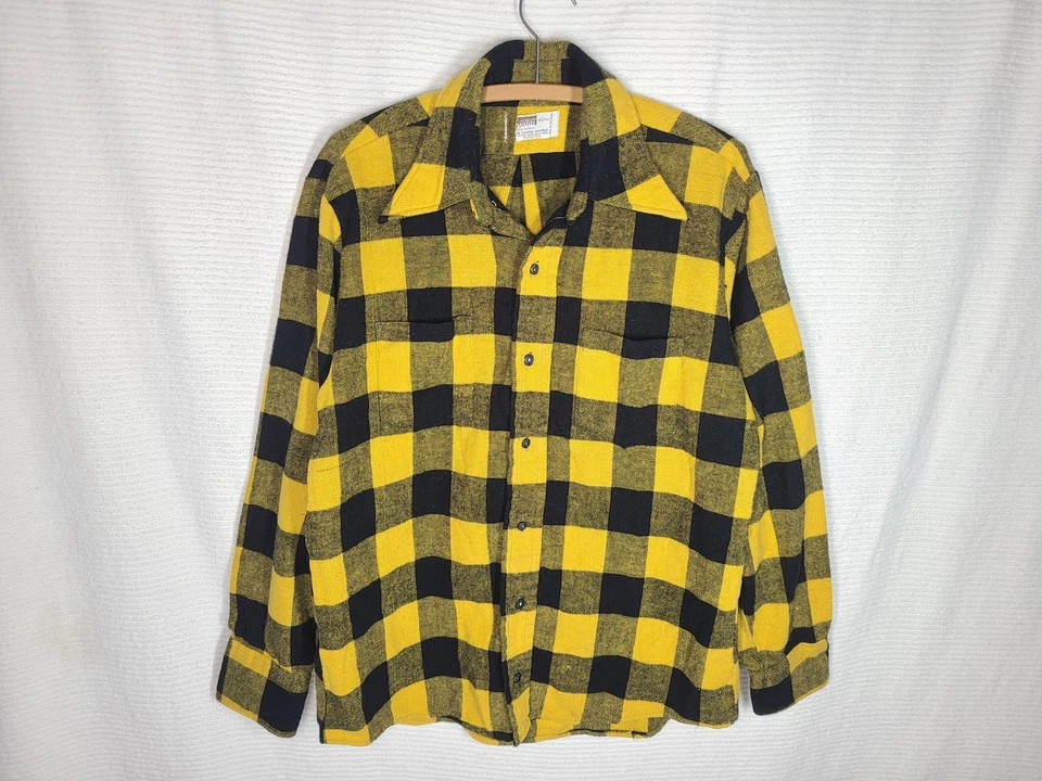 Vintage 1970 Montgomery Ward amarillo búfalo tejido a cuadros con botones grande retro Foto 2 de 4