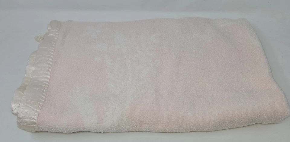 Vintage Reversible Pink Satin Edge Baby Blanket Floral Birds 42 x 28 Fleece - Image 2 of 4