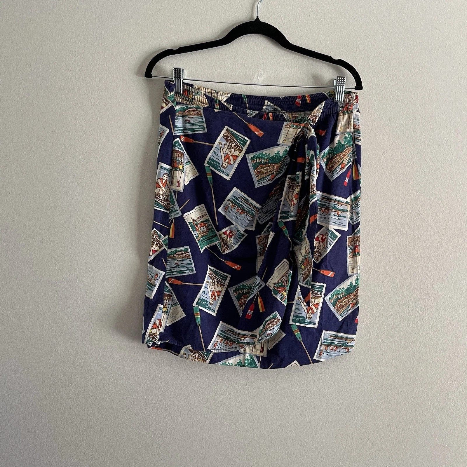Vintage Bushwacker Women L** Blue Rowing Pattern Faux Wrap Elastic Pull On Skirt