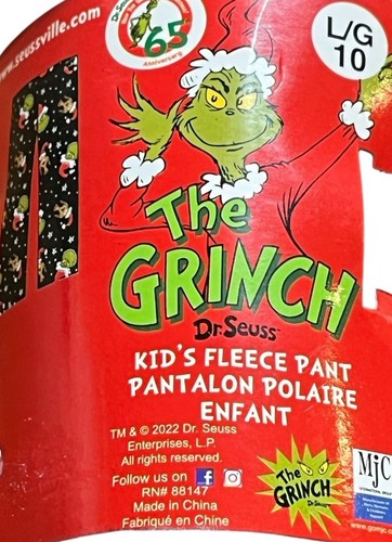 Dr. Suess The Grinch KIDS Pajama Pants Black Thick Fleece Santa Size L 10 NEW - Picture 3 of 3