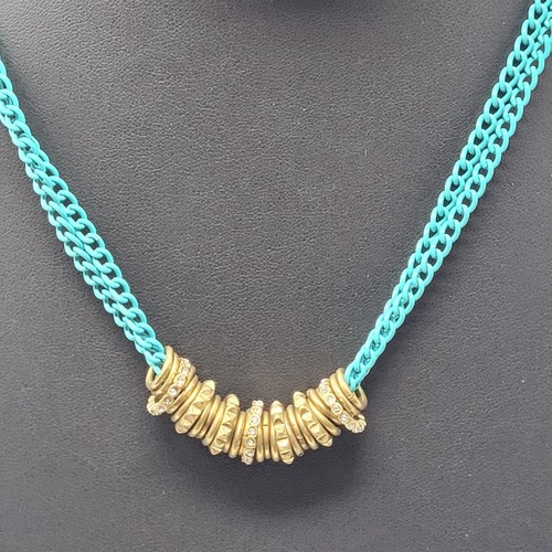 Rock & Republic Brutalist Turquoise Enamel Chain Choker Necklace Gold Rhinestone - Picture 2 of 13