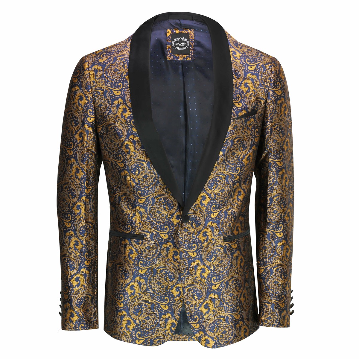 Mens Classic Gold Paisley Print on Navy Tuxedo Dinner Jacket Tailored Fit Blazer