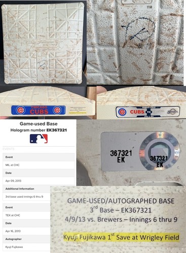 Kyuji Fujikawa 1st Wrigley Save Game Used Signed Base MLB Holo 4/9/13 Cubs v Mil