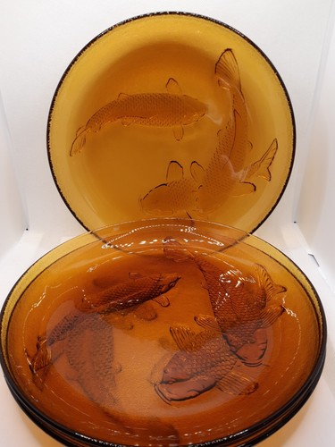 3 Vintage Koi Fish Amber Glass KIG Plates From Indonesia 9" Diameter 1" Deep - Bild 2 von 4