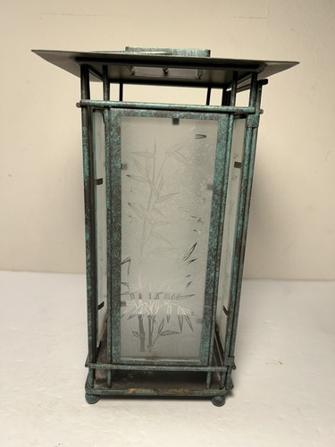 Lantern Style Candle Holder Lamp Etched Glass Home Decor Metal Bamboo 9.75” - Picture 9 of 13
