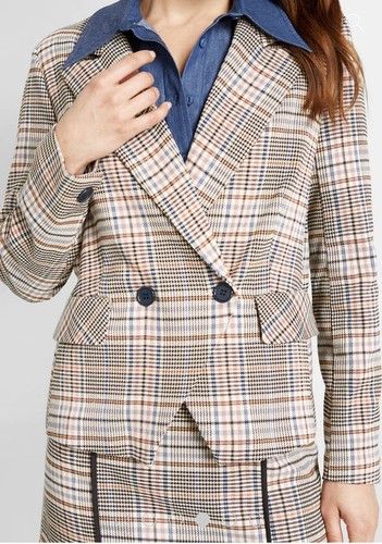 Modcloth Women Your Full Attension Boho Brown Plaid Preppy Blazer Jacket Size L - Picture 4 of 12