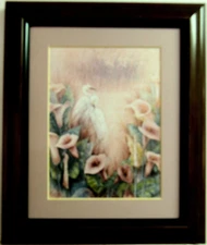 EGRETS PICTURE CALLA  LILIES BIRDS JOHN CHENG MATTED FRAMED 8X10
