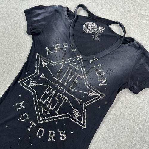 Camiseta Affliction Azul Para Mujer Talla XS Live Fast Gráfico Manga Corta Cuello en V - Imagen 3 de 6