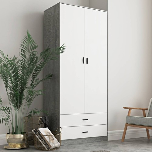 Tall Wooden 2 Door Wardrobe With 2 Drawers Bedroom Storage Hanging Bar Clothes - Picture 114 of 161