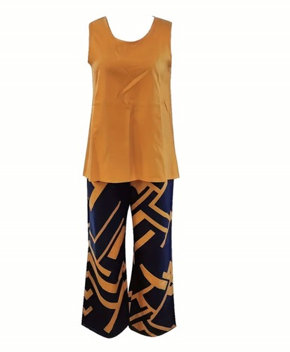 Two-piece Set, Solid Sleeveless Tops & Geo Print Wide Leg Pants Outfits Size L - Picture 2 of 7