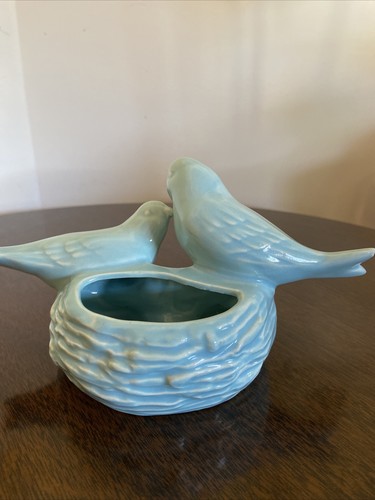 Vintage Planter Love Birds Nest Aqua Ceramic Flower Pot Succulent Planter - Picture 3 of 4
