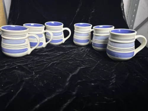 LOT of 6-PFALTZGRAFF RIO Stoneware Coffee Tea Mug Cup Hand Painted Blue Stripes
