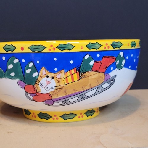 Vintage Catzilla Ceramic Serving Bowl Christmas Cats 2002 Painted Crazing - Picture 3 of 10