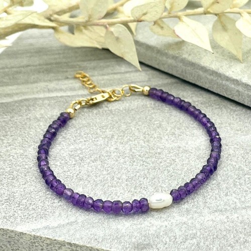 White Pearl & Amethyst 2 Multi Faceted Round Gemstone Beaded Women Bracelet 6-8" - Picture 1 of 8