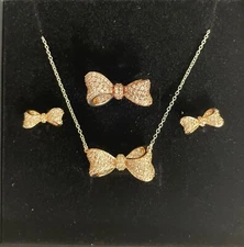 ZALES 925/18KGP Rose Gold Puff Bow White Sapphire Necklace, Earrings, & Ring Set