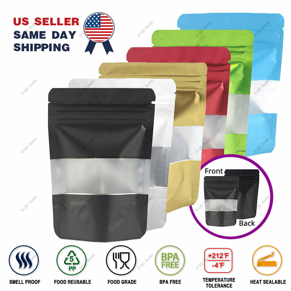 Multi-Size & Color Foil Mylar Matte Stand Up Zip Lock Bag w/ Rectangle Window