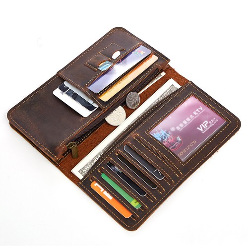 Genuine Leather Men Thin Bifold Wallet Coin Purse Vintage Long Men Wallets Purse - Picture 9 of 14
