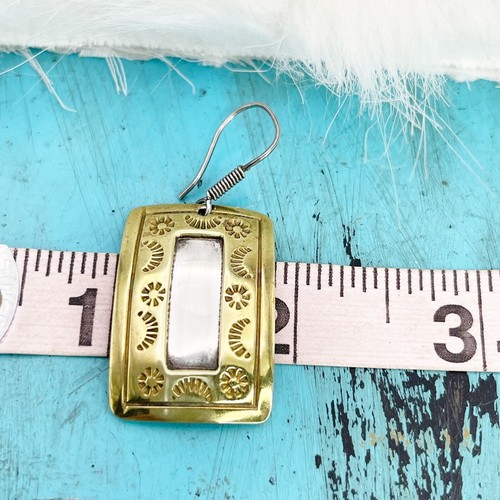 Sterling Silver Stamped Concho Rectangle Gold Tone Hook Earrings Western 925 - Picture 4 of 6