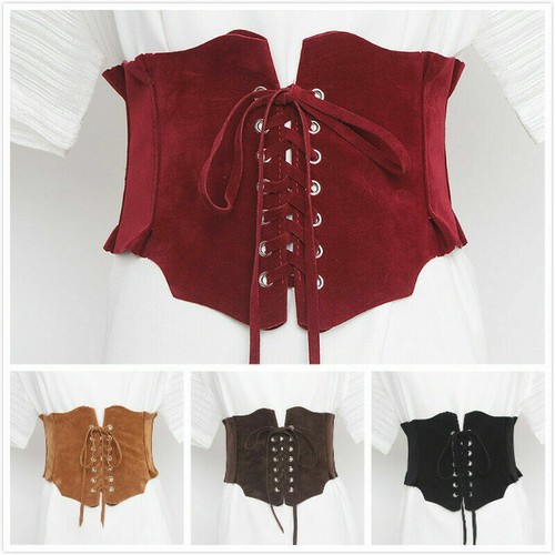 Women Suede Wide Belt Lace Up Stretch Corset High Waist Slim Waitband Vintage - Picture 2 of 16