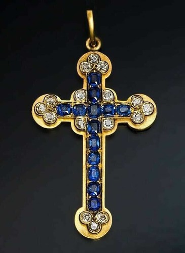 14K Yellow Gold Plated 2 CT Simulated Blue Sapphire Antique Cross Pendant Charm - Picture 3 of 4