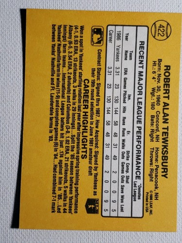 1987 Donruss Bob Tewksbury RC Autograph Card Yankees Cardinals Twins Cubs Auto - Bild 3 von 3