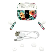 VYBZ True Wireless TWS In-Ear Earbuds with Charging Case & LED Display - FLORAL