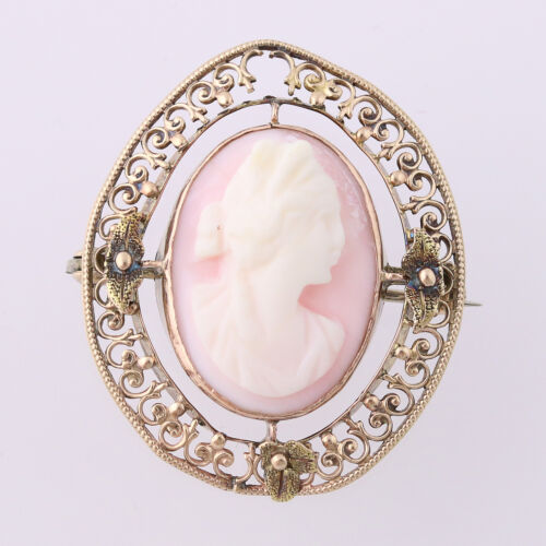Edwardian Carved Pink Shell Cameo Brooch - 10k Gol