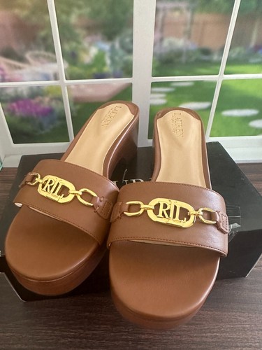 NIB Authentic RALPH LAUREN ROXANNE Black Soft Nappa Leather Gold Logo Sandal 8.5 - Picture 6 of 8