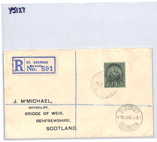 BERMUDA KGV Cover 1s SHIP *St Georges* 1928 Reg'd Scotland Bridge of Weir YJ127 - Picture 5 of 10