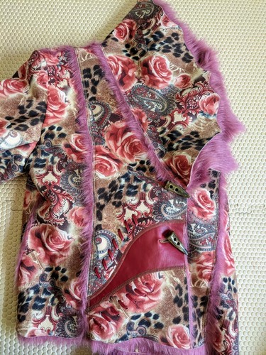 Outerwear By Lisa Faux Fur Leather Dusty Rose Floral Lined Bell Sleeve Jacket L - Bild 7 von 15