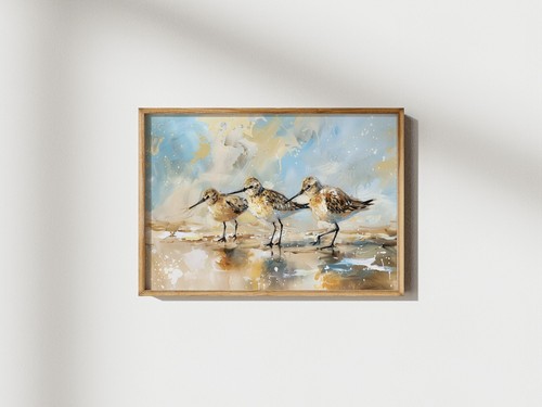 Charming Coastal Sandpiper Birds, Oil Painting Print 5"x7" on Matte Paper - Picture 4 of 17