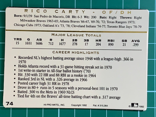 Rico Carty #74 Embossed Card Action Packed Hi-Pro Marketing 1992 - Picture 2 of 2