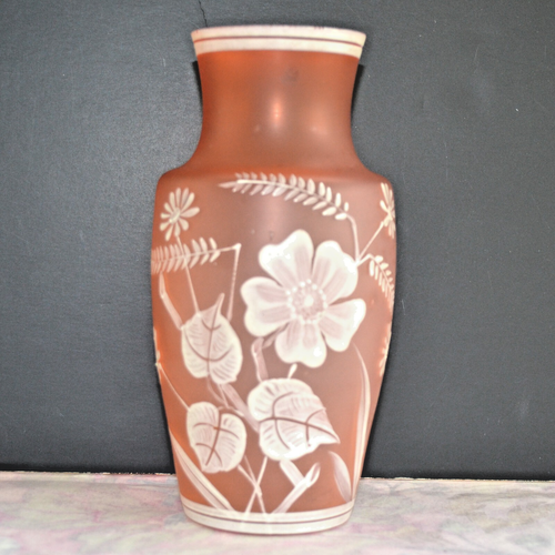 Florentine Art Cameo Vase, Cranberry Pink Satin Glass, Floral White Enamel, 7"