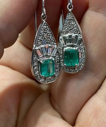 3.45Ct Art Deco Style Lab Created Emerald Drop 14K White Gold Finish Earrings - 第 1/8 張圖片
