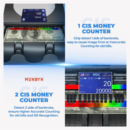 MUNBYN Geldzählmaschine 2CIS/UV/IR/MG/MT Fälschungserkennung Geldscheinzähler - Bild 4 von 12